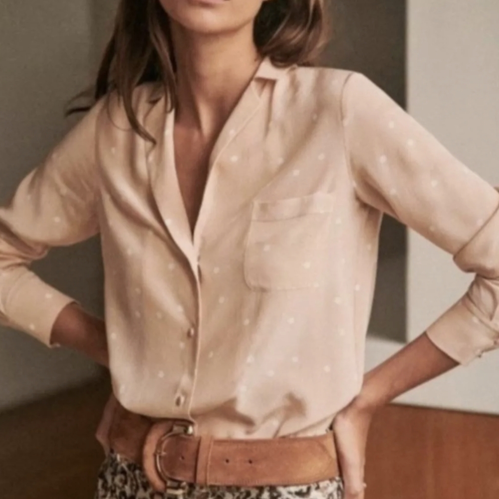 SEZANE Silk Shirt Blouse Pink With Ecru Polkadots Size 34